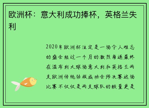 欧洲杯：意大利成功捧杯，英格兰失利