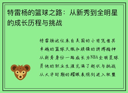 特雷杨的篮球之路：从新秀到全明星的成长历程与挑战